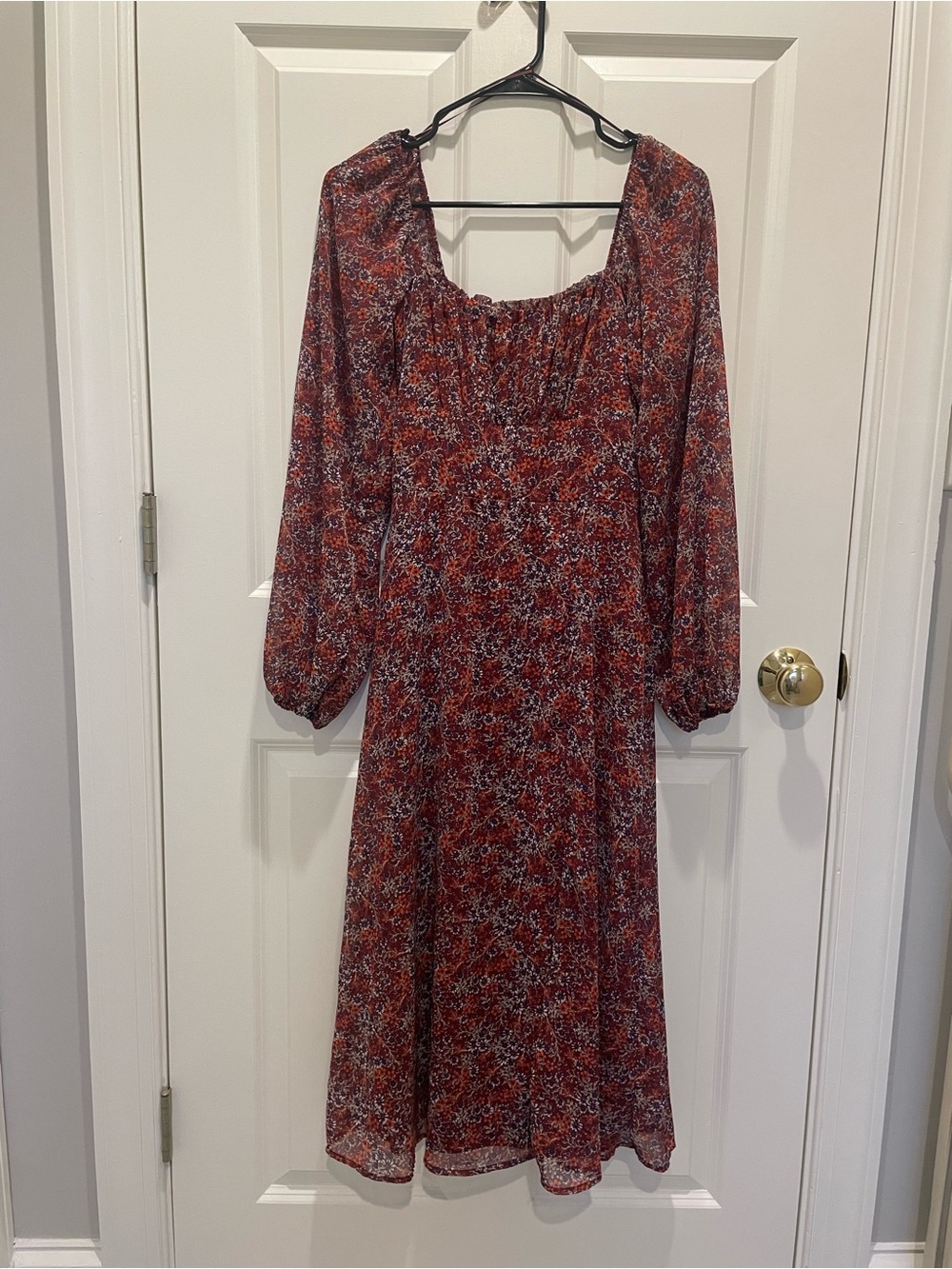 Blue Rain Red Floral Midi Dress with Long Bishop Sleeves